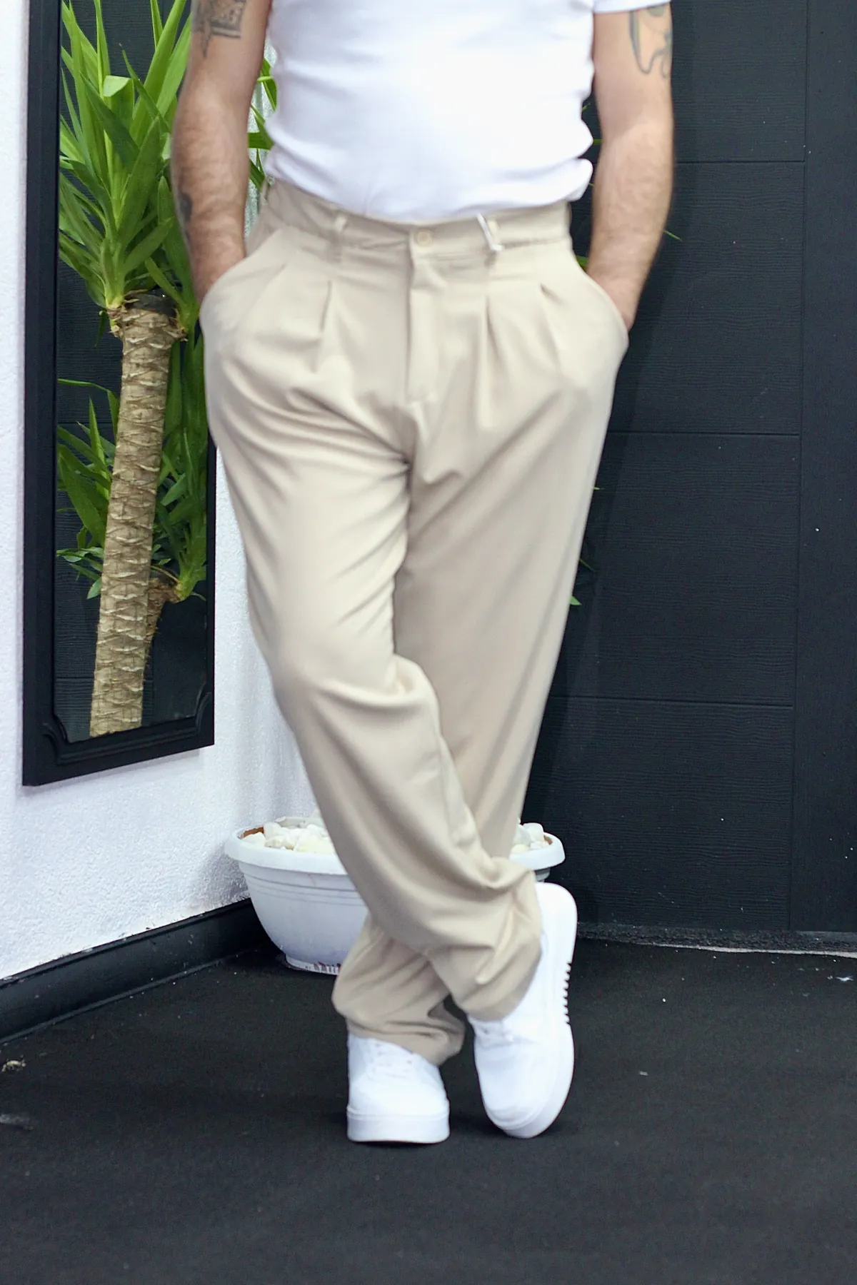 Pile Detay Baggy Kumaş Pantolon – Krem - Görsel 3
