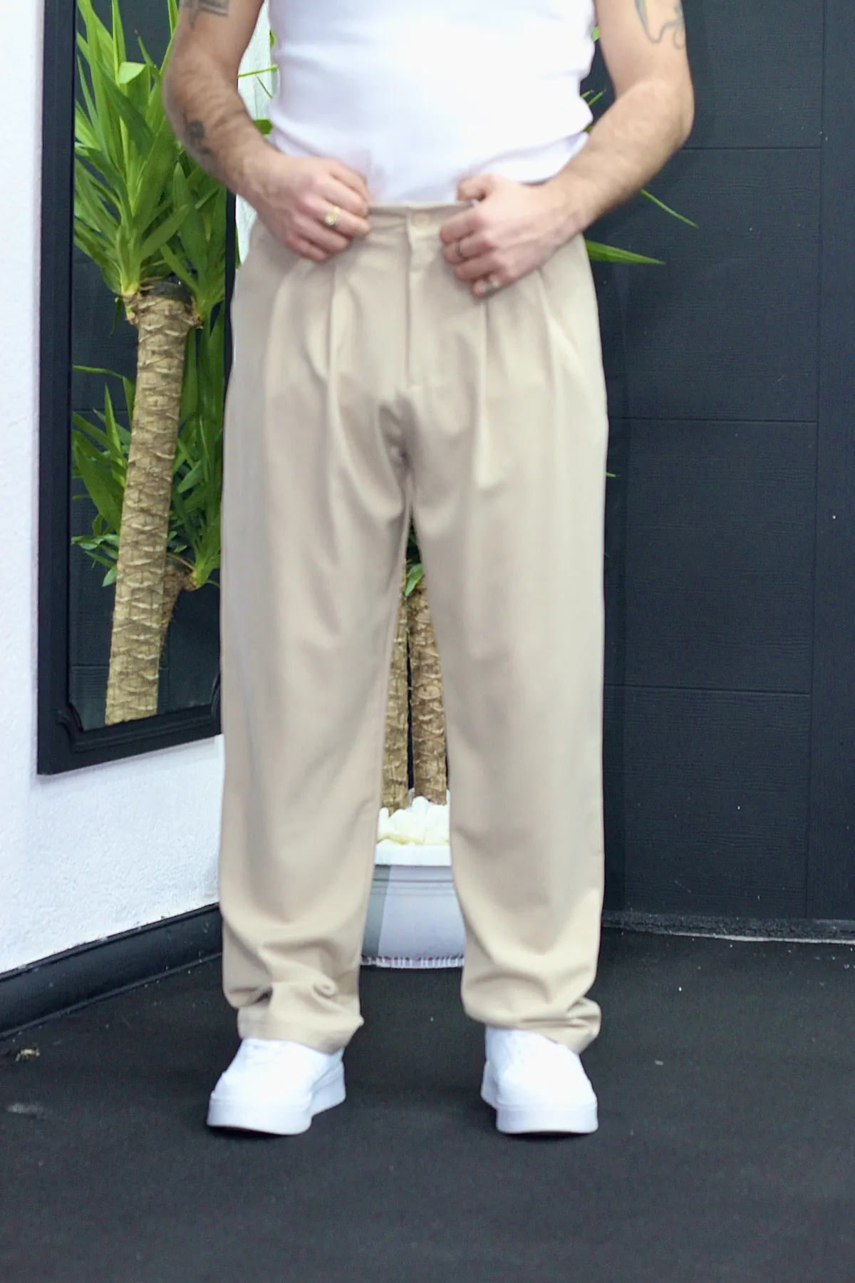 Pile Detay Baggy Kumaş Pantolon – Krem - Görsel 4