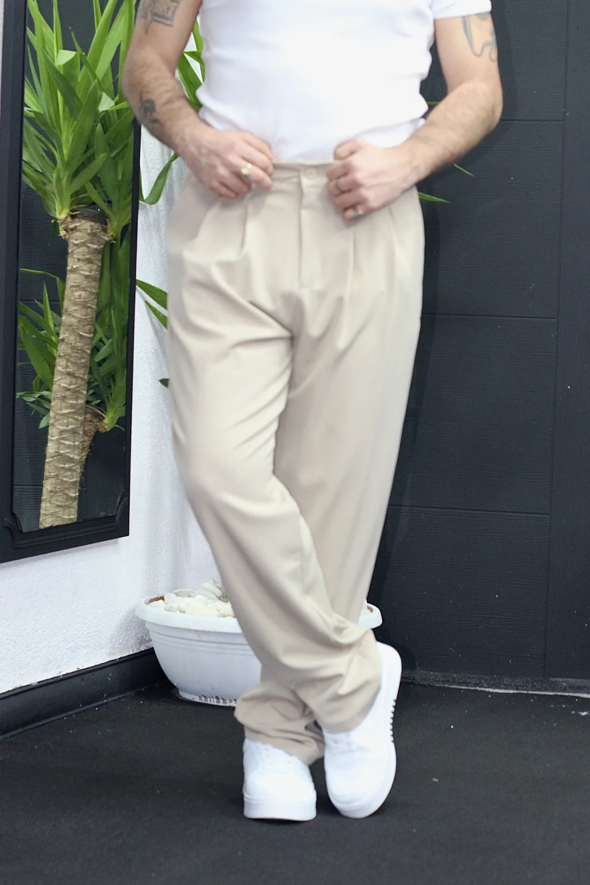 Pile Detay Baggy Kumaş Pantolon – Krem - Görsel 2
