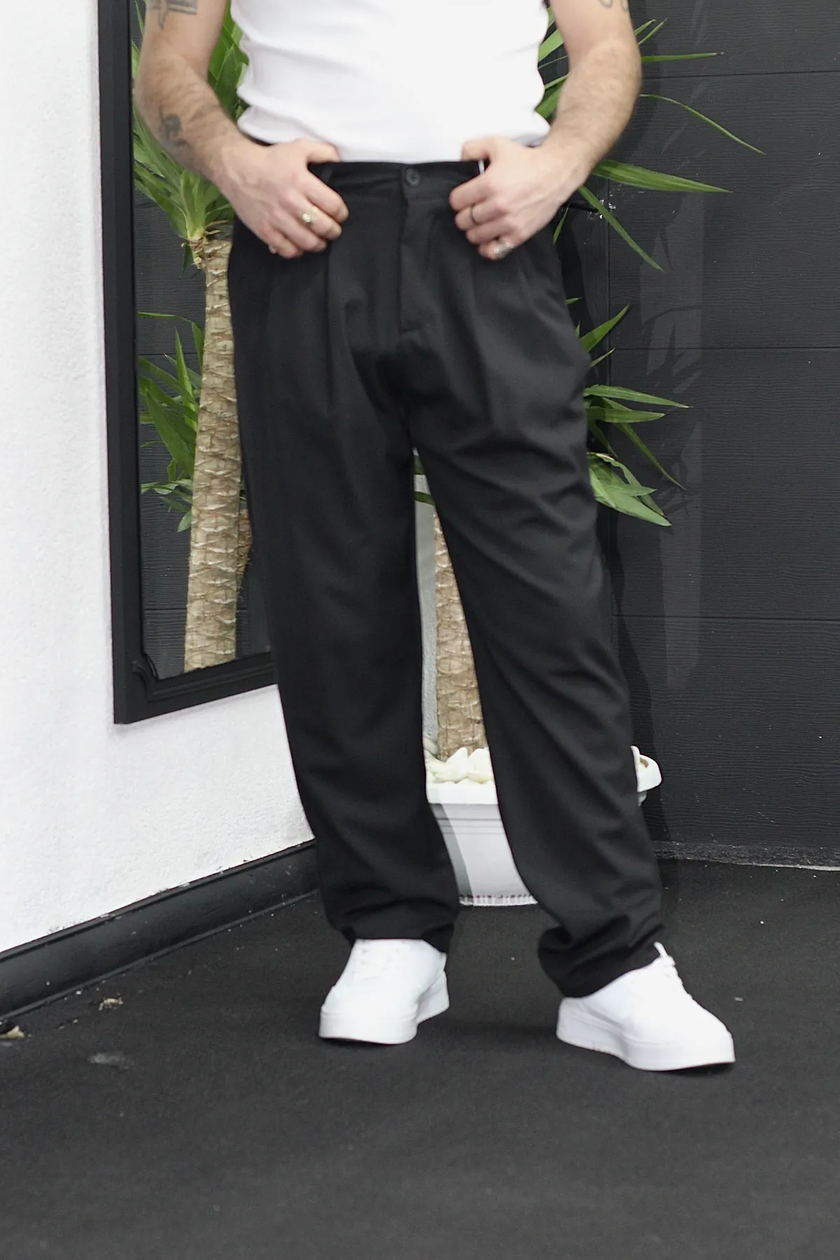 Pile Detay Baggy Kumaş Pantolon – Siyah