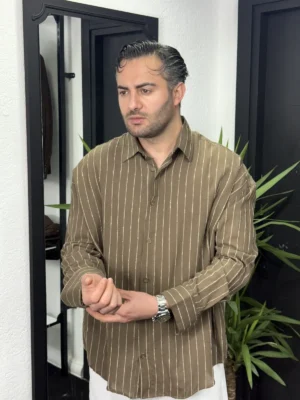 RL hasır detay çizgili gömlek kahverengi