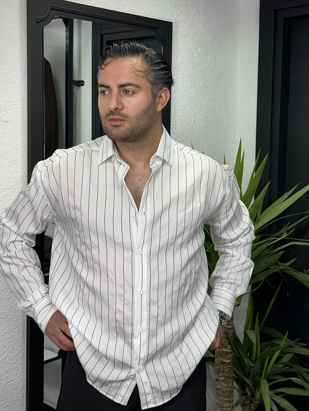 RL tensel kumaş çizgili gömlek beyaz