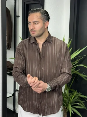 RL tensel kumaş çizgili gömlek kahverengi