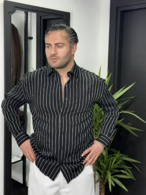 RL tensel kumaş çizgili gömlek siyah
