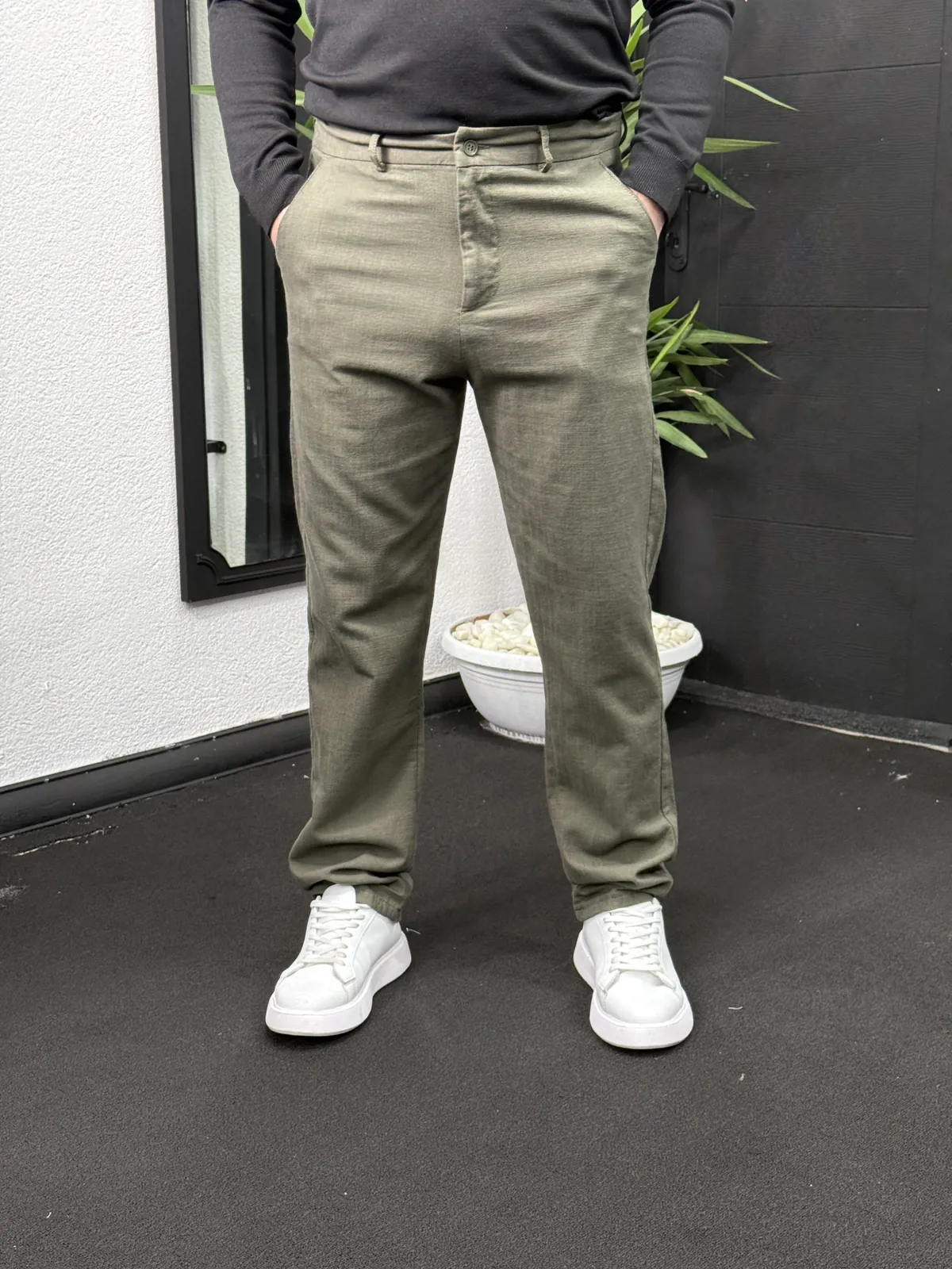 Baggy Keten Pantolon Haki Yeşil - Görsel 3