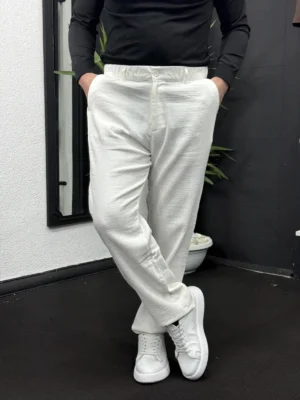 Baggy Krinkle Keten Pantolon Beyaz