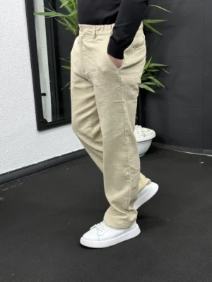 Baggy Krinkle Keten Pantolon Krem