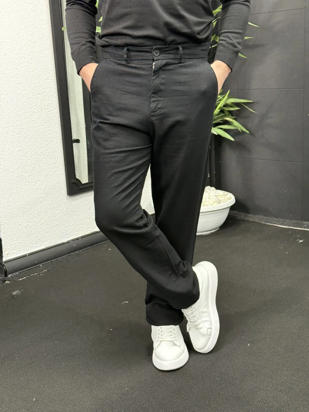Baggy Keten Pantolon Siyah