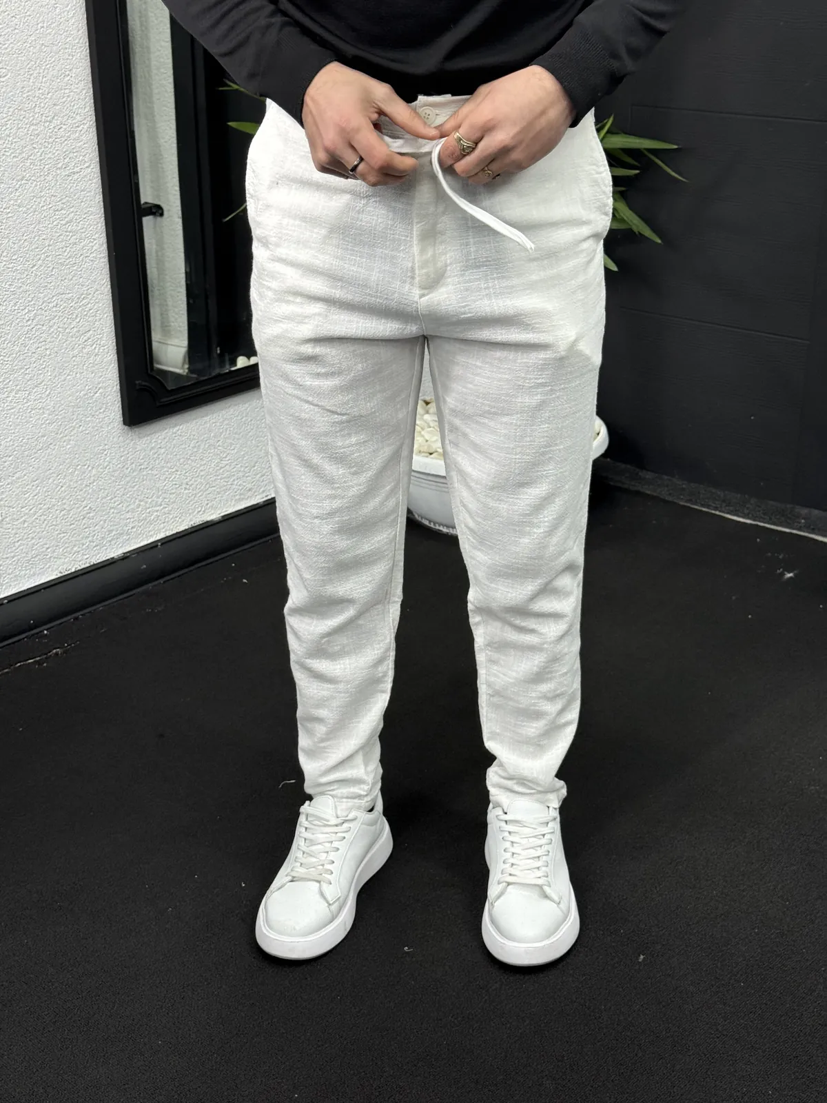 Boyfriend İpli Keten Pantolon Beyaz - Görsel 3