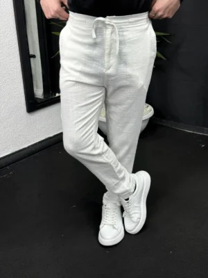 Boyfriend İpli Keten Pantolon Beyaz