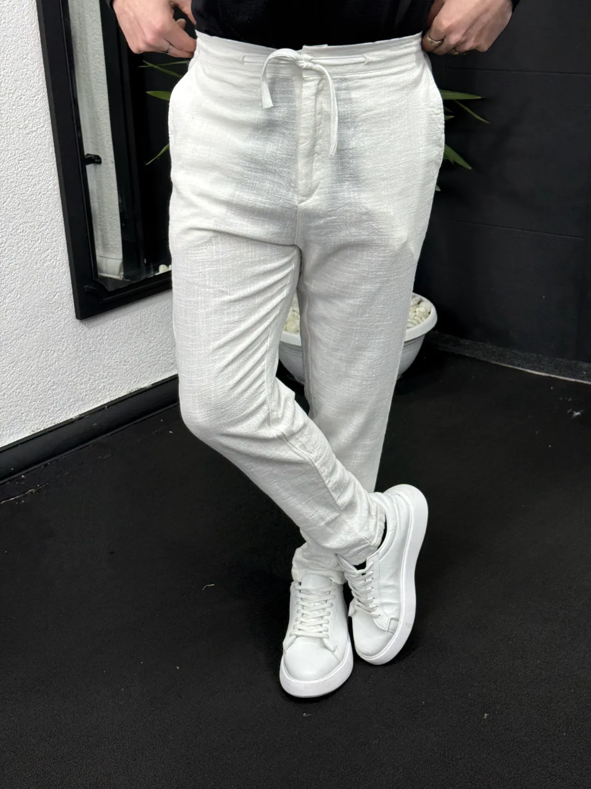 Boyfriend İpli Keten Pantolon Beyaz