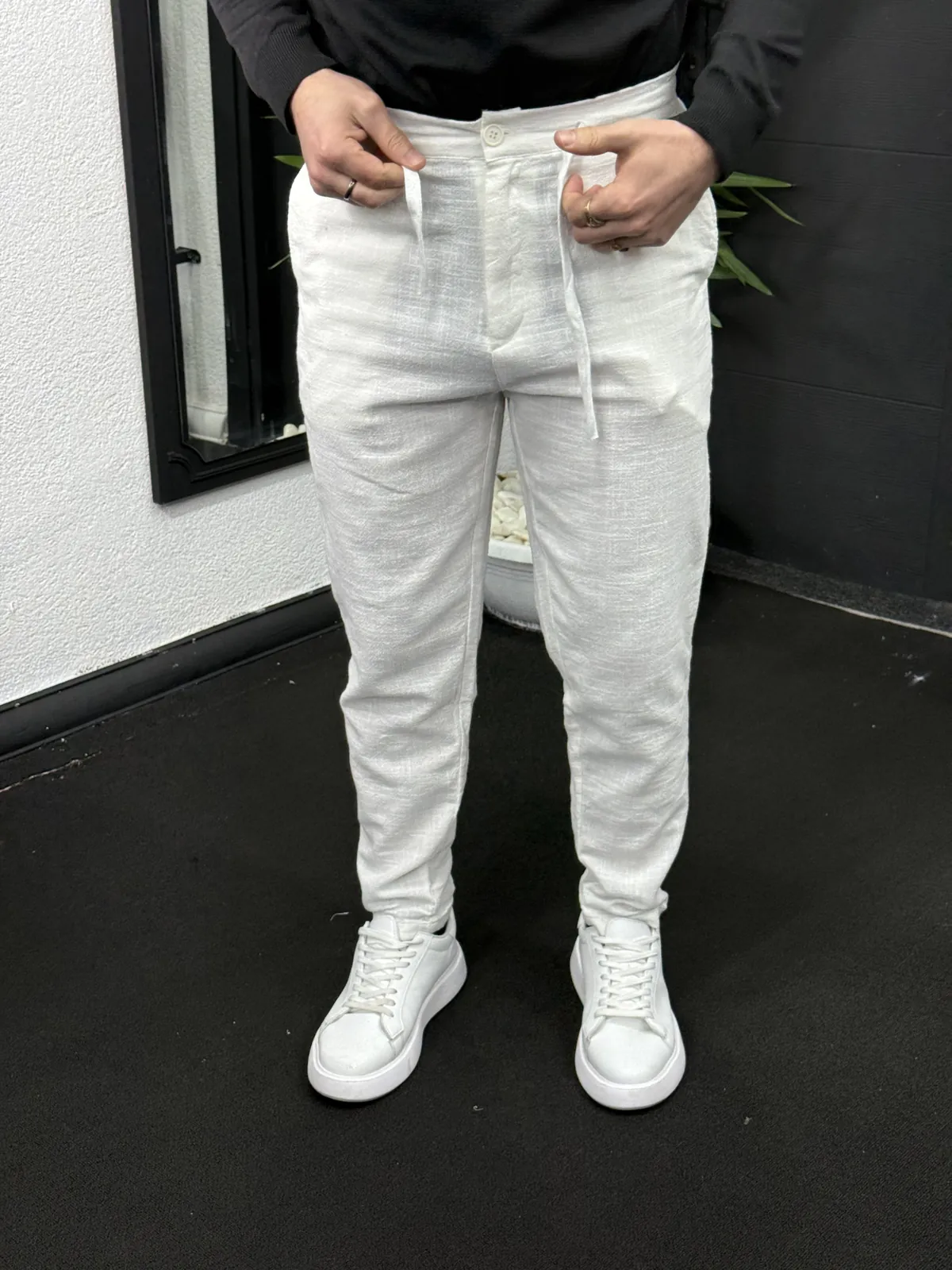 Boyfriend İpli Keten Pantolon Beyaz - Görsel 4