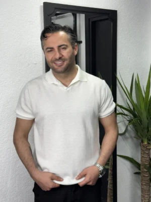 Düğmesiz Örme Polo Yaka Beyaz