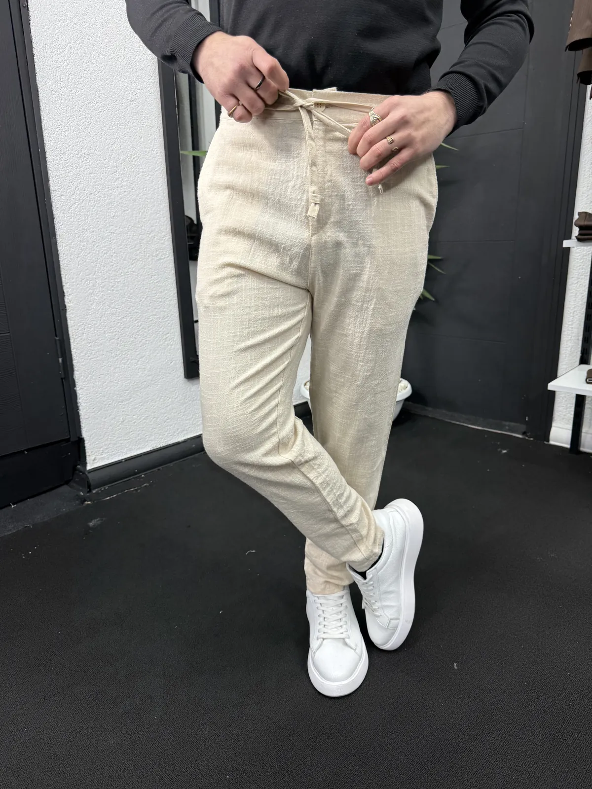 Boyfriend İpli Keten Pantolon Krem - Görsel 3