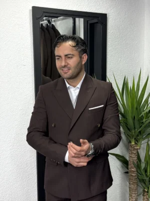 Peak Lapel Yaka Kahverengi Kruvaze Takım Elbise