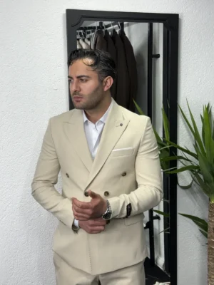 Peak Lapel Yaka Krem Kruvaze Takım Elbise