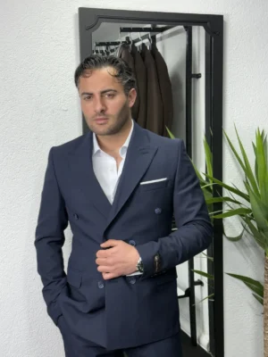 Peak Lapel Yaka Lacivert Kruvaze Takım Elbise
