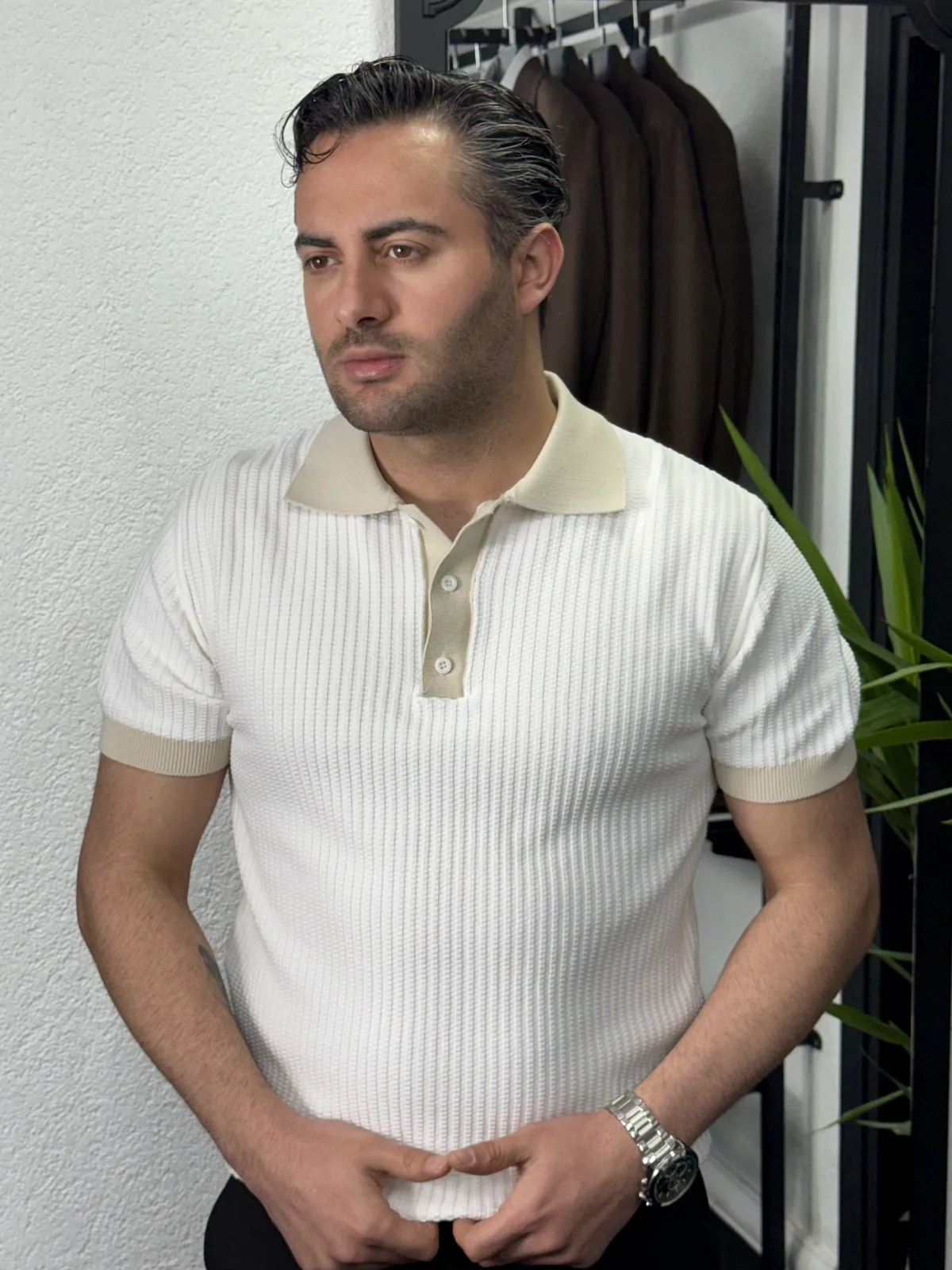 Retro Örgü Polo Yaka Beyaz - Görsel 3