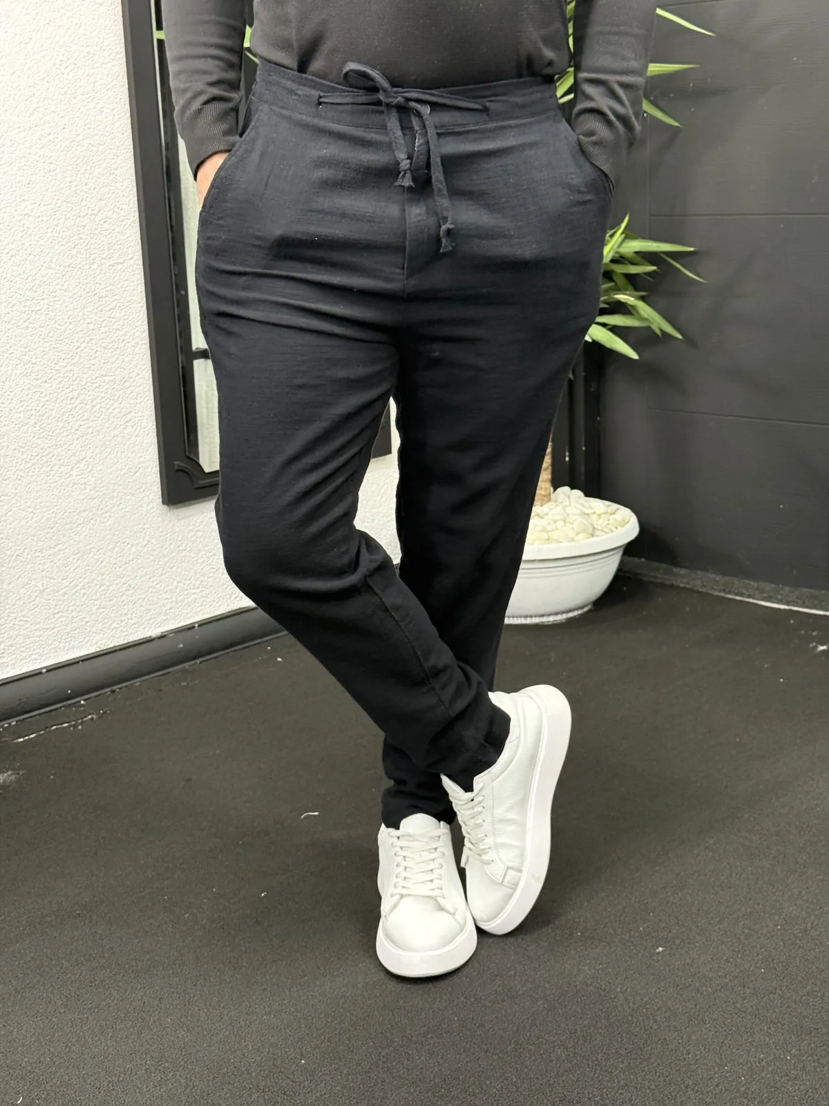 Boyfriend İpli Keten Pantolon Siyah