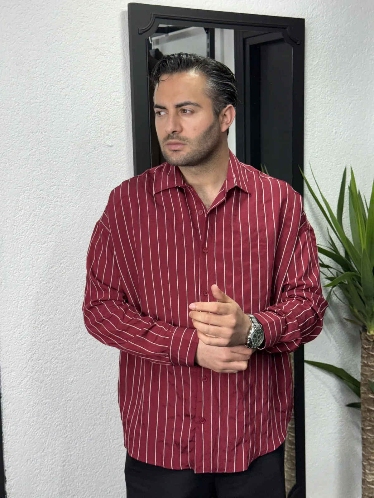 Yeni Tensel Kumaş Bordo Çizgili Gömlek - Görsel 2