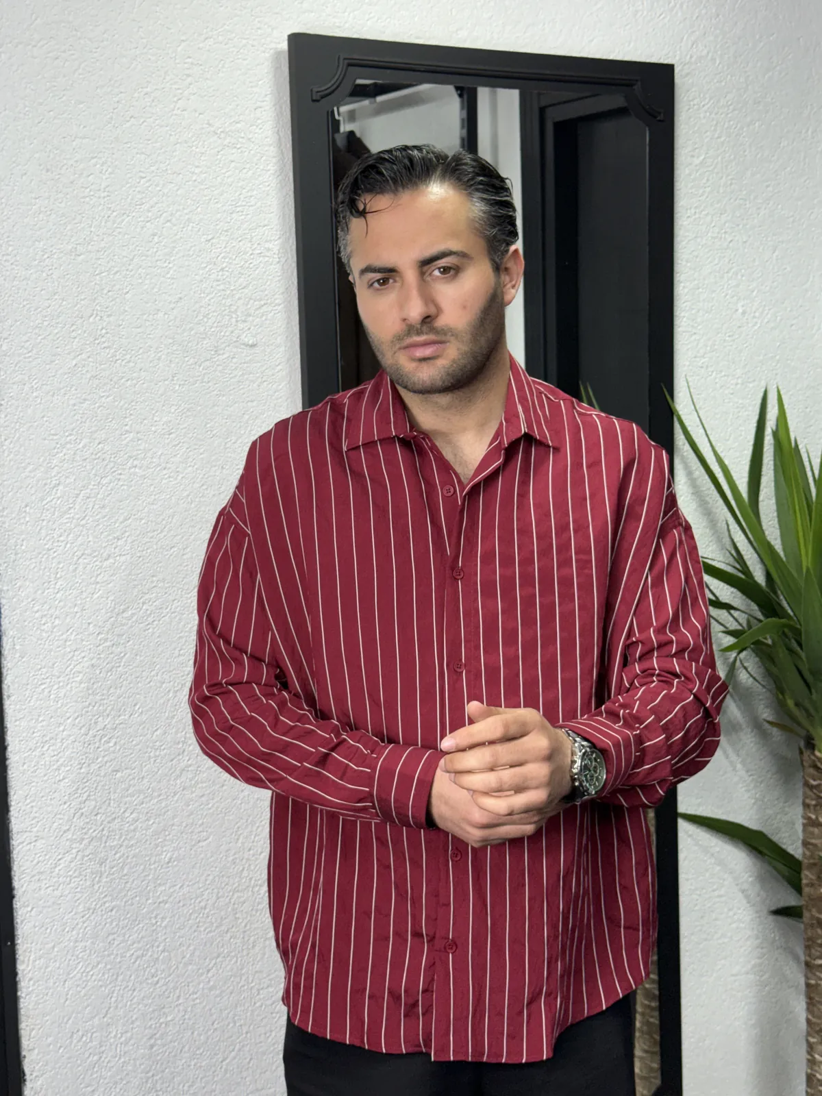 Yeni Tensel Kumaş Bordo Çizgili Gömlek - Görsel 4